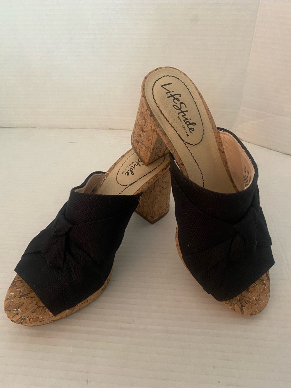 Life Stride Black Knot-Front Cork Wedge Slide Mules Size 7